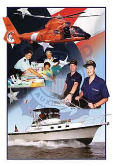 Picture of a Coast Guard Helicopter and Auxiliary members doing Public affairs and boat crew